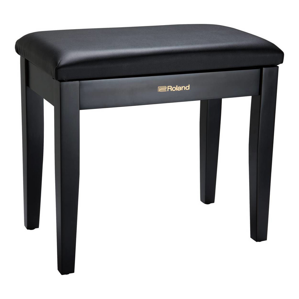 Roland RPB100 piano bench in satin black with cushioned seat and sturdy metal legs, designed for keyboard or piano players.