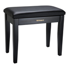 Roland RPB100 piano bench in satin black with cushioned seat and sturdy metal legs, designed for keyboard or piano players.