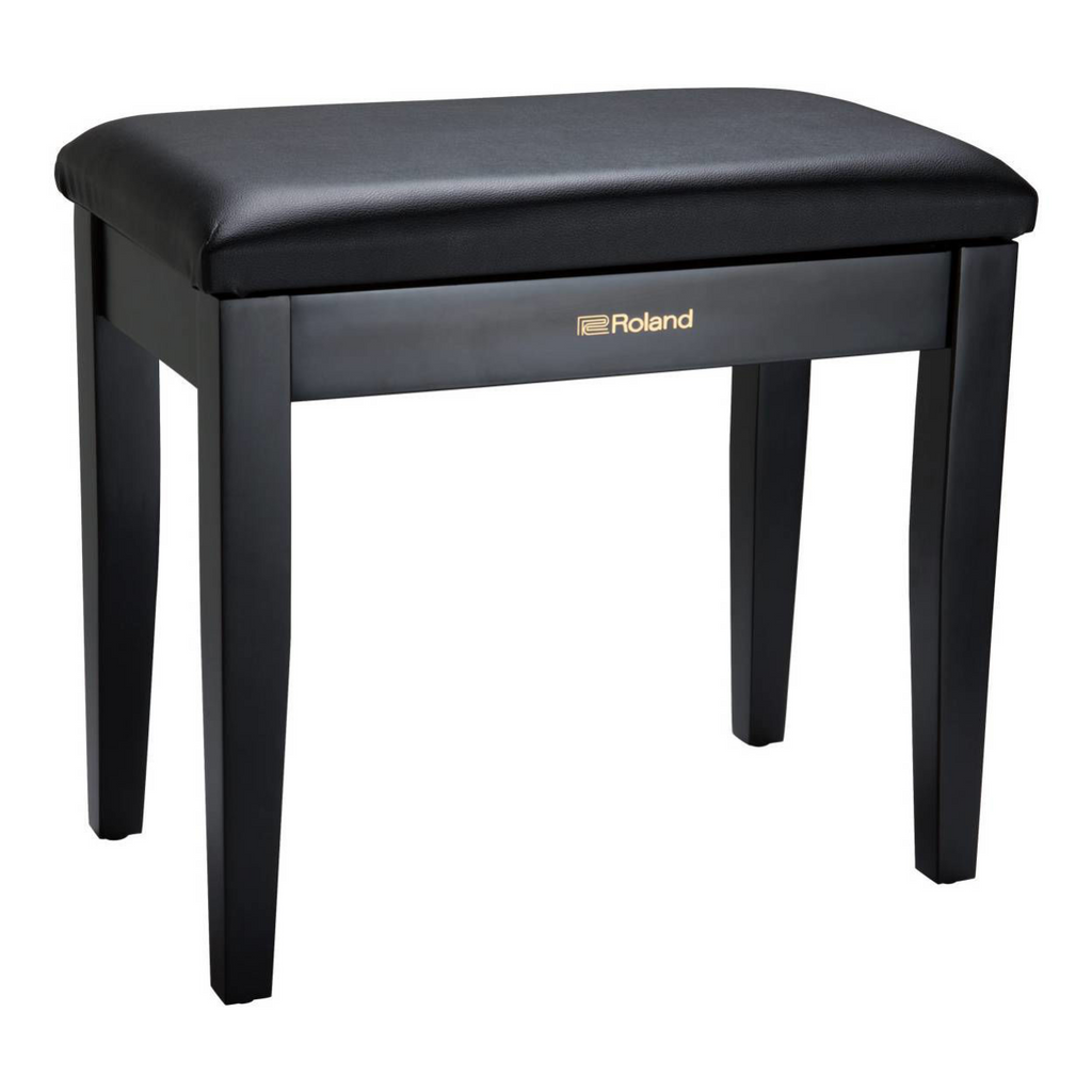 Roland RPB100 piano bench in satin black, keyboard bench with cushioned seat and sturdy metal legs for comfortable playing.