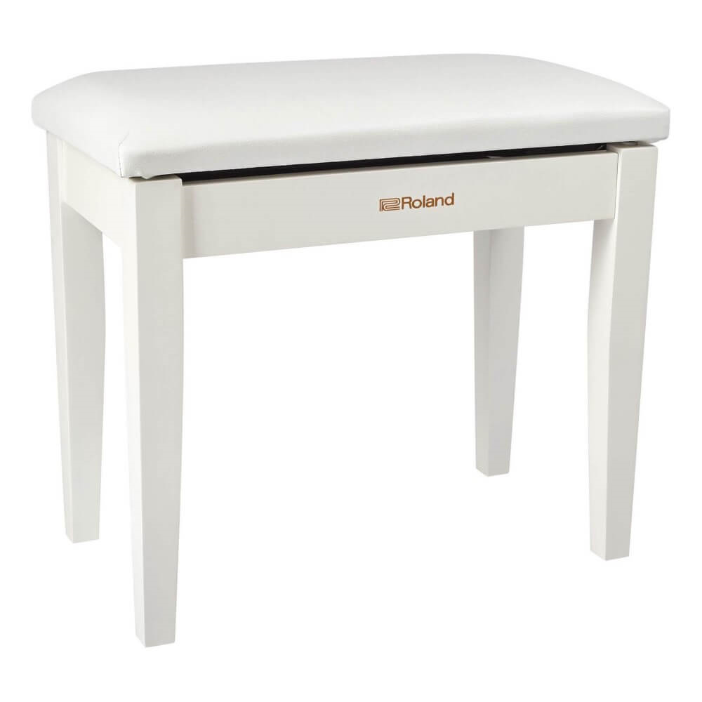 Roland RPB-100 satin white piano bench with storage compartment, featuring a sleek design and comfortable seating.