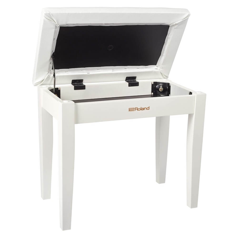 Roland RPB-100 piano bench in satin white with a storage compartment, featuring a sleek design and comfortable seating.