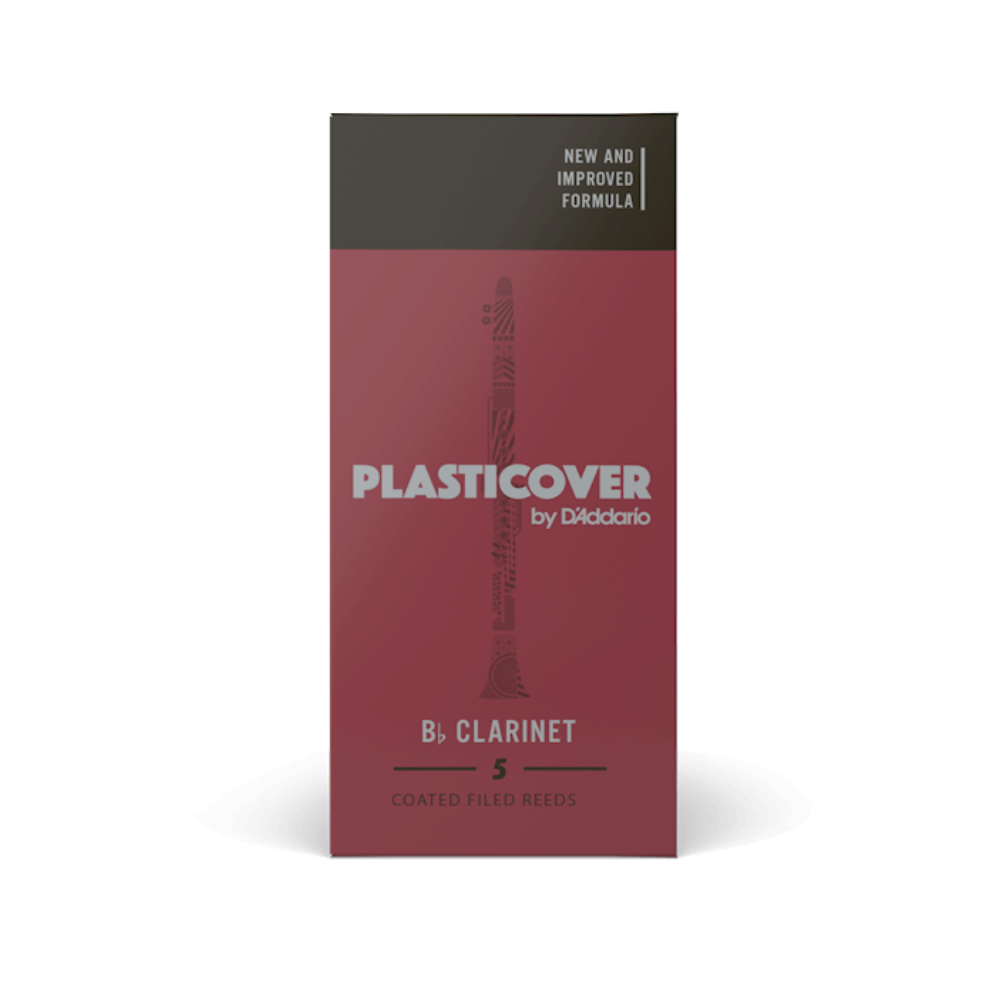 Rico plastic cover box with 5 Bb clarinet reeds, lightweight woodwind accessories for clarinet players.