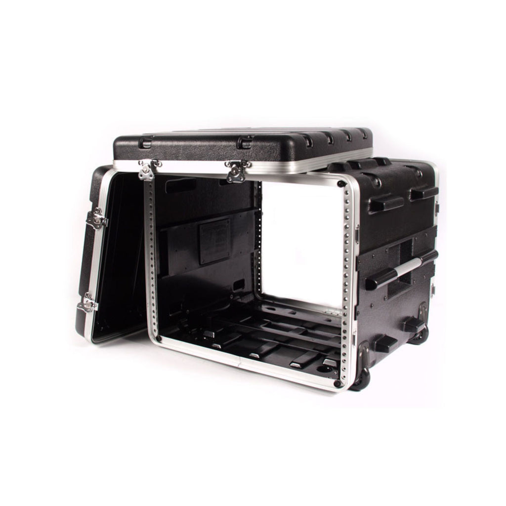 Swamp 8U ABS 19-inch rack case with extra depth, durable black case for equipment storage and transport by SWAMP Industries.