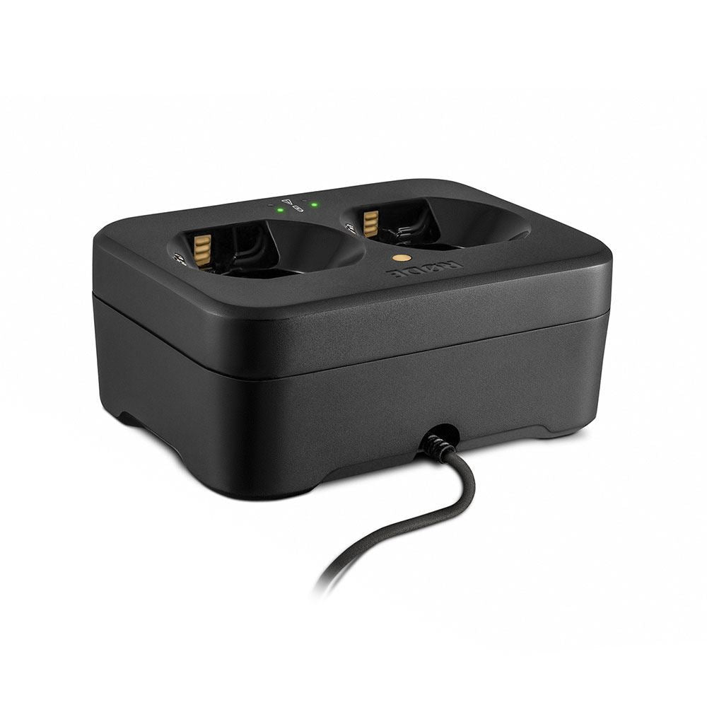 Rode RS-1 dual recharging station for LB1 batteries and TX-M2 wireless microphone transmitter, shown with connected charging units.