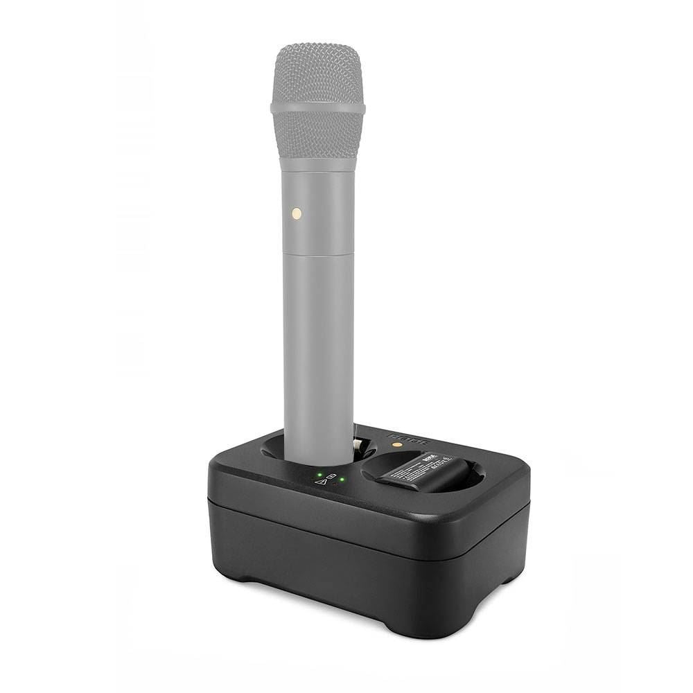 RODE RS-1 dual recharging station for LB1 batteries and TX-M2 wireless microphone transmitters on a white background.