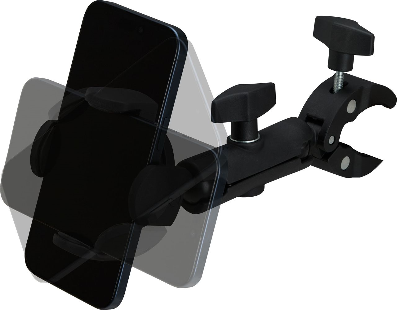 Roland RSH10 smartphone holder for electronic drum kits, mounted on drum hardware, compatible with Roland electronic drums.