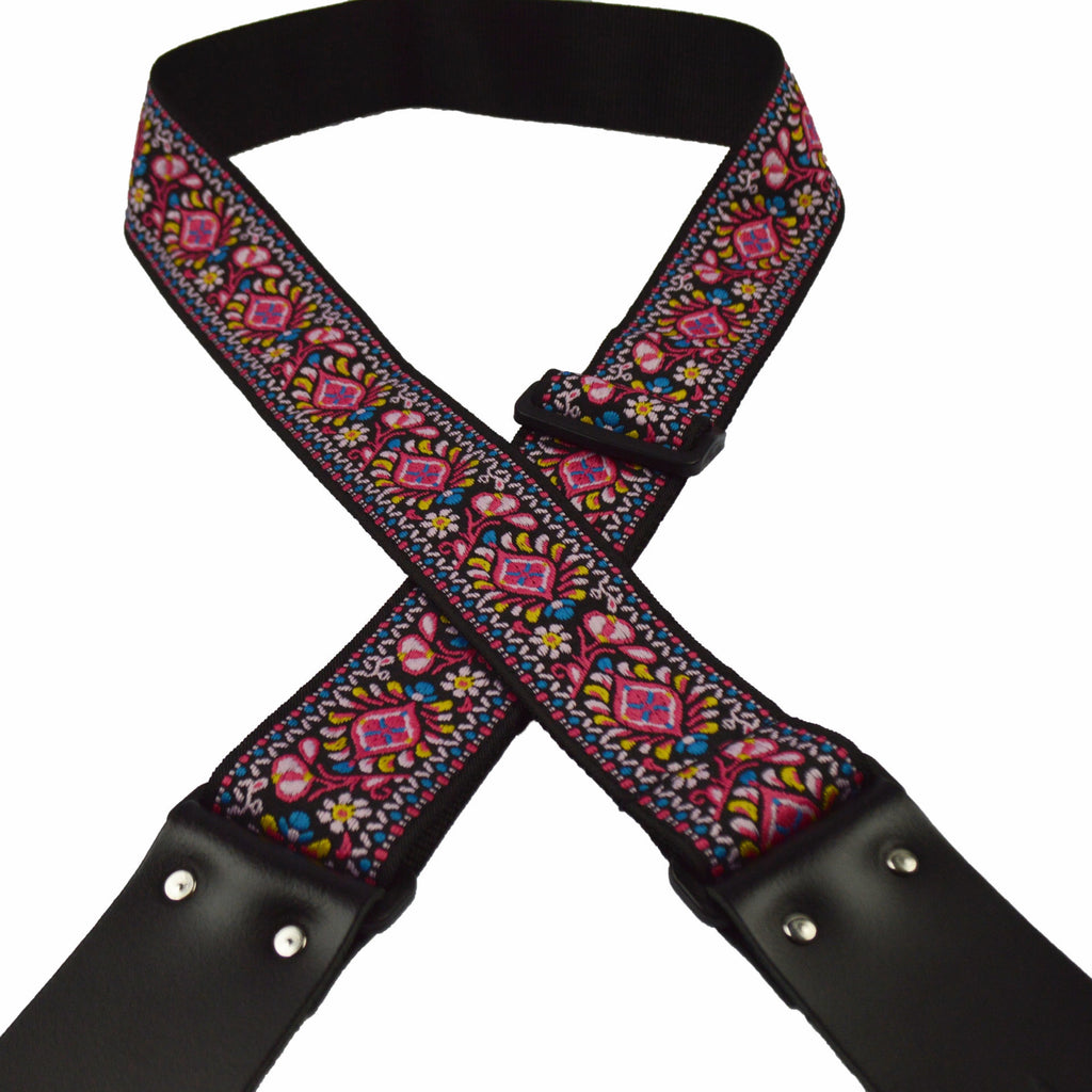 Colonial Leather Pink Trumpet Flowers Jacquard 50mm Webbing Guitar Strap