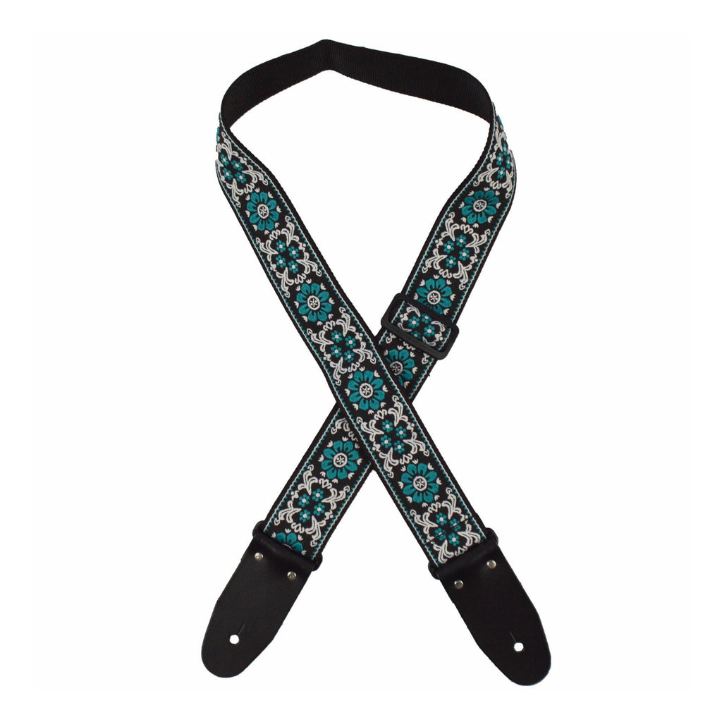 Colonial Leather Aqua Flower Jacquard 50mm Webbing Guitar Strap