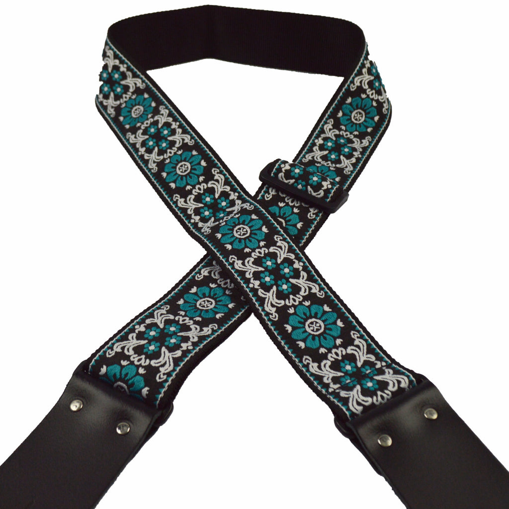 Colonial Leather Aqua Flower Jacquard 50mm Webbing Guitar Strap