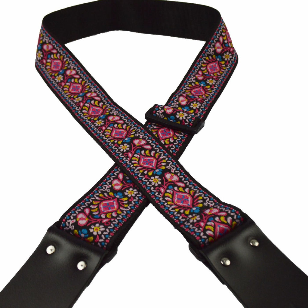 Colonial Leather Pink Trumpet Flowers Jacquard 50mm Webbing Guitar Strap