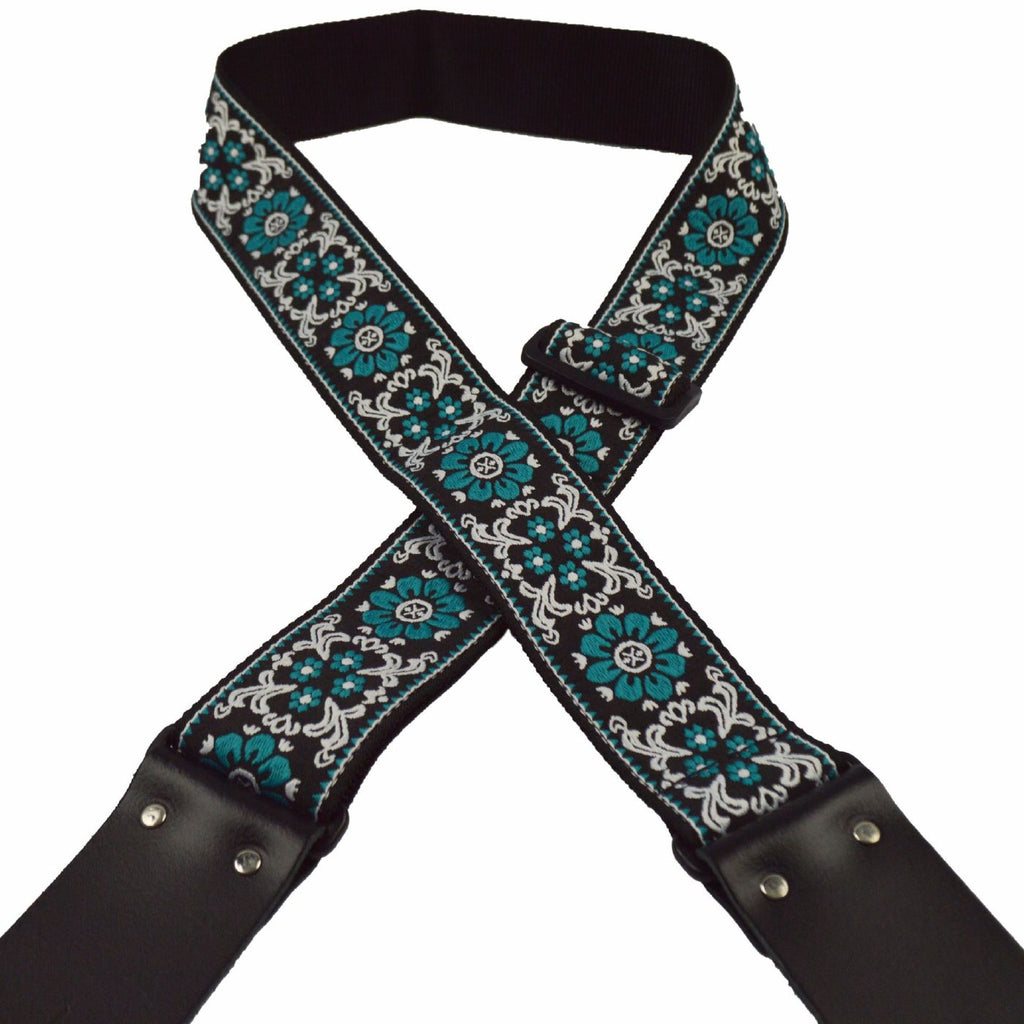 Colonial Leather Aqua Flower Jacquard 50mm Webbing Guitar Strap