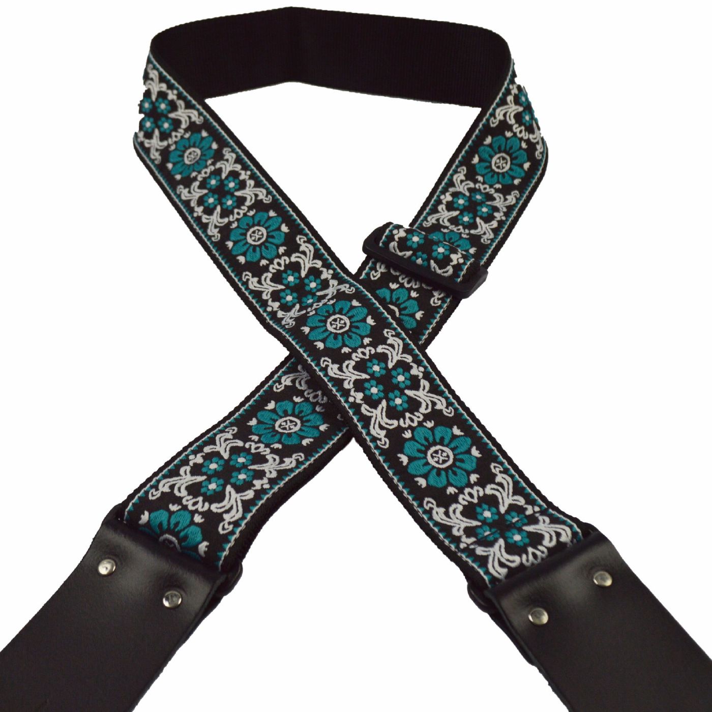 Colonial Leather Aqua Flower Jacquard 50mm Webbing Guitar Strap