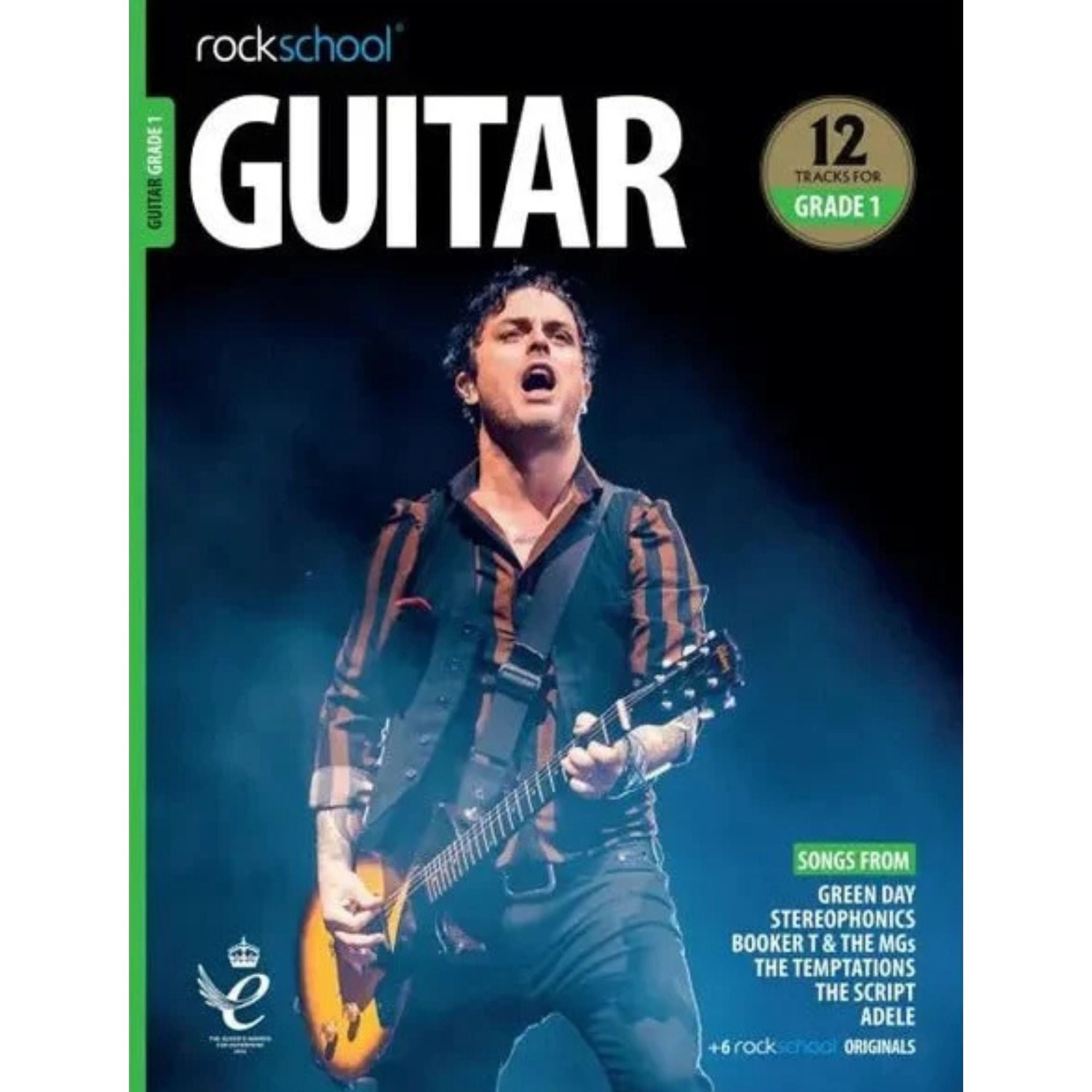 Rockschool Guitar Grade 1 book from 2018-2024, featuring instructional pages and sheet music for beginner guitar players.