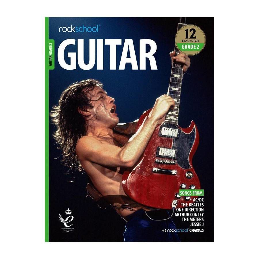 Rockschool Guitar Grade 2 book cover with colorful design and title, part of Rockschool guitar books and DVDs series.
