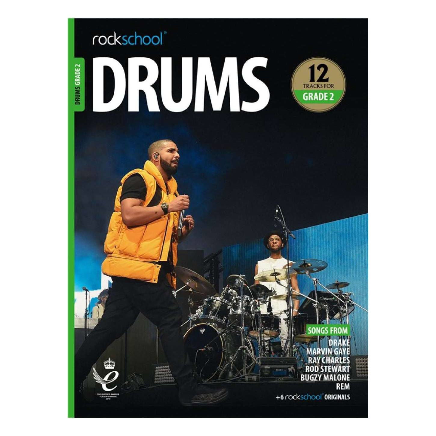 Rockschool Drums Grade 2 book and DVD set, 2018-2024, featuring instructional materials for drum learning and practice.
