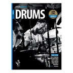 Rockschool Drums Grade 8 book, 2018-2024 edition, featuring sheet music and instructional content for advanced drummers.