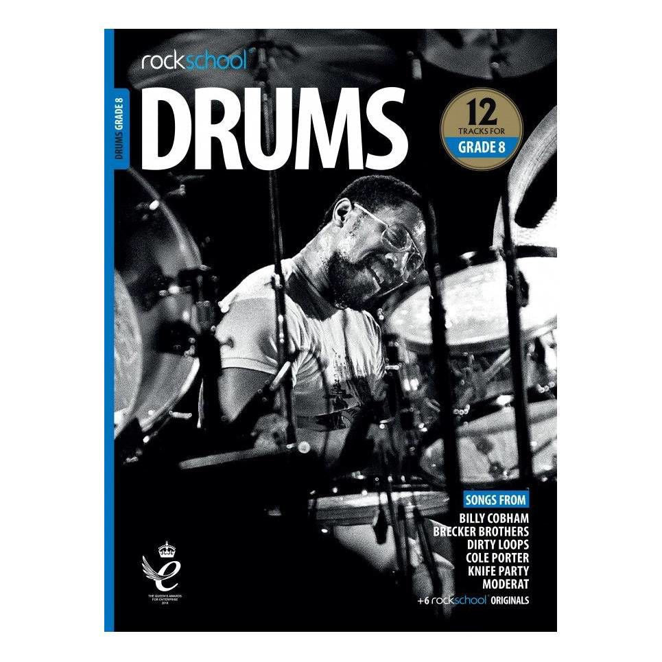 Rockschool Drums Grade 8 book for 2018-2024, a comprehensive drum music book featuring exercises and lessons for advanced players.