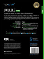 Rockschool Ukulele Grade 2 guitar book showing colorful cover and musical notes for beginner ukulele players