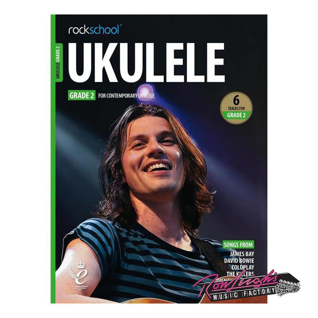 Rockschool Ukulele Grade 2 guitar book showing colorful cover with ukulele illustration and grade level text.