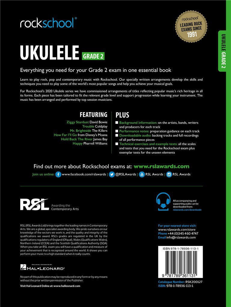 Rockschool Ukulele Grade 2 guitar book and DVD set, featuring instructional materials for beginner ukulele players.