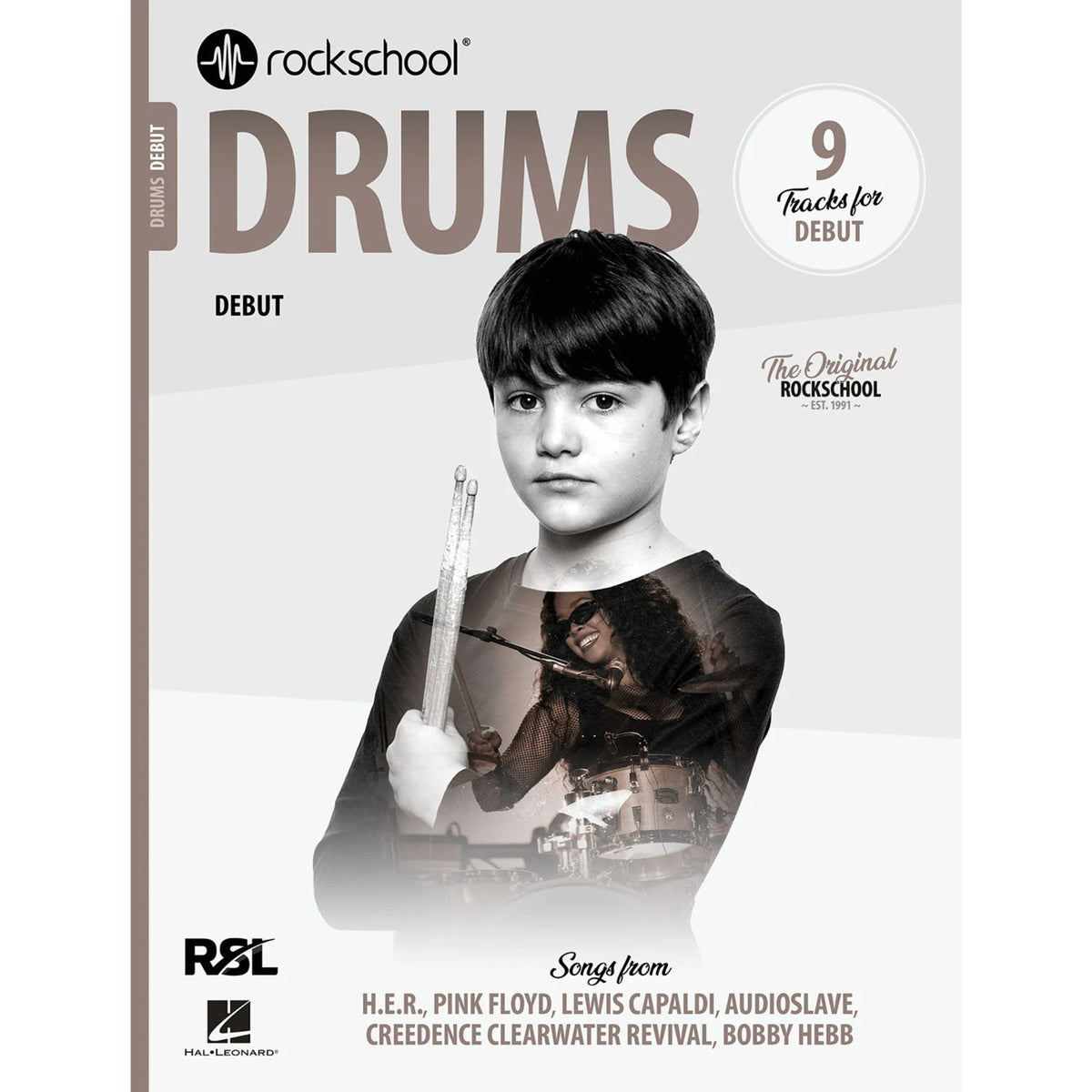 Rockschool Drums Debut 2024 book by Rock School Limited, featuring drum lessons and exercises for beginner drummers.