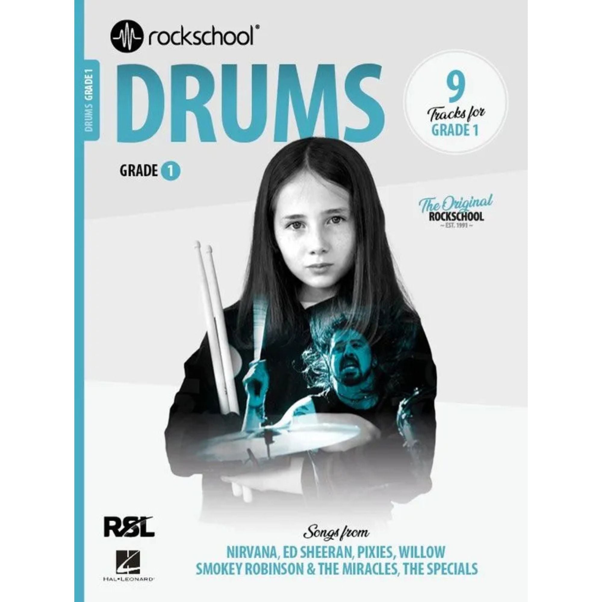 Rockschool Rock School Drums Grade 1 (2024) book cover featuring drum notation and instructional visuals for beginners.