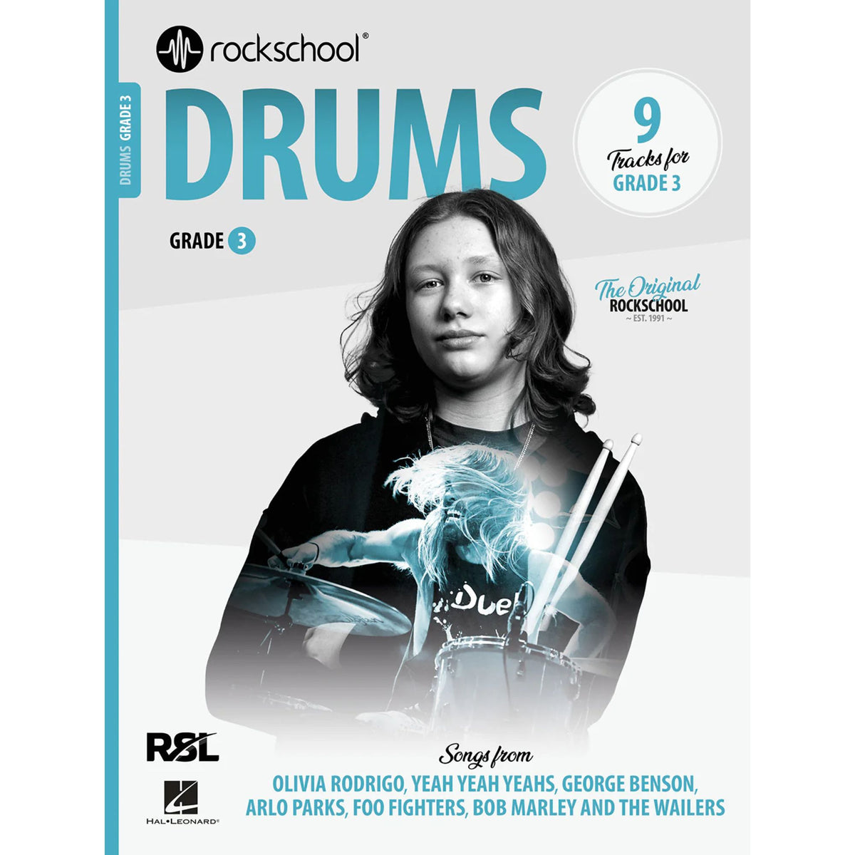 Rockschool Drums Grade 3 Book 2024, a drum method book with sheet music and instructional content for beginner to intermediate drummers.