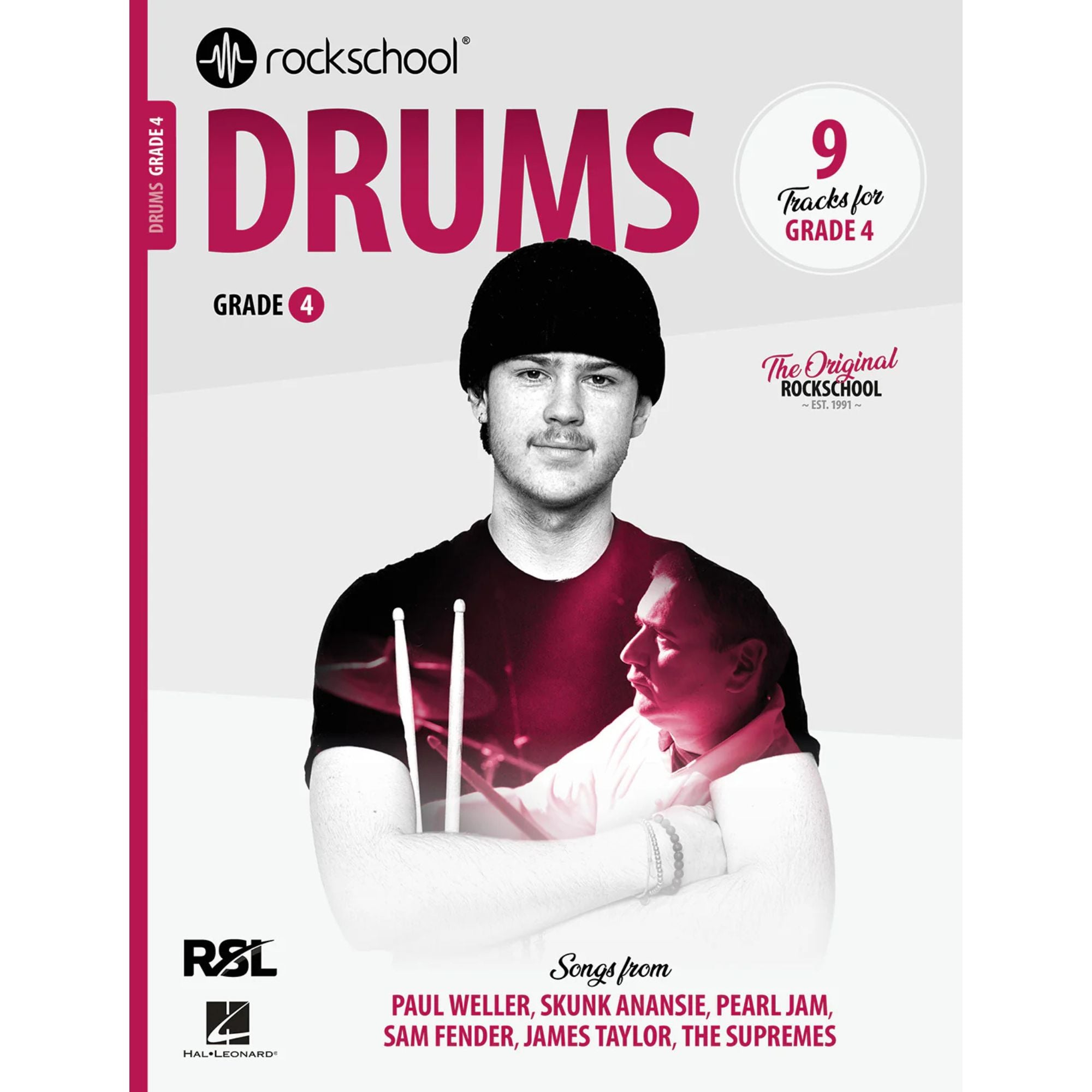 Rockschool Drums Grade 4 Book from 2024, a drum instructional book with sheet music and practice exercises for learners.