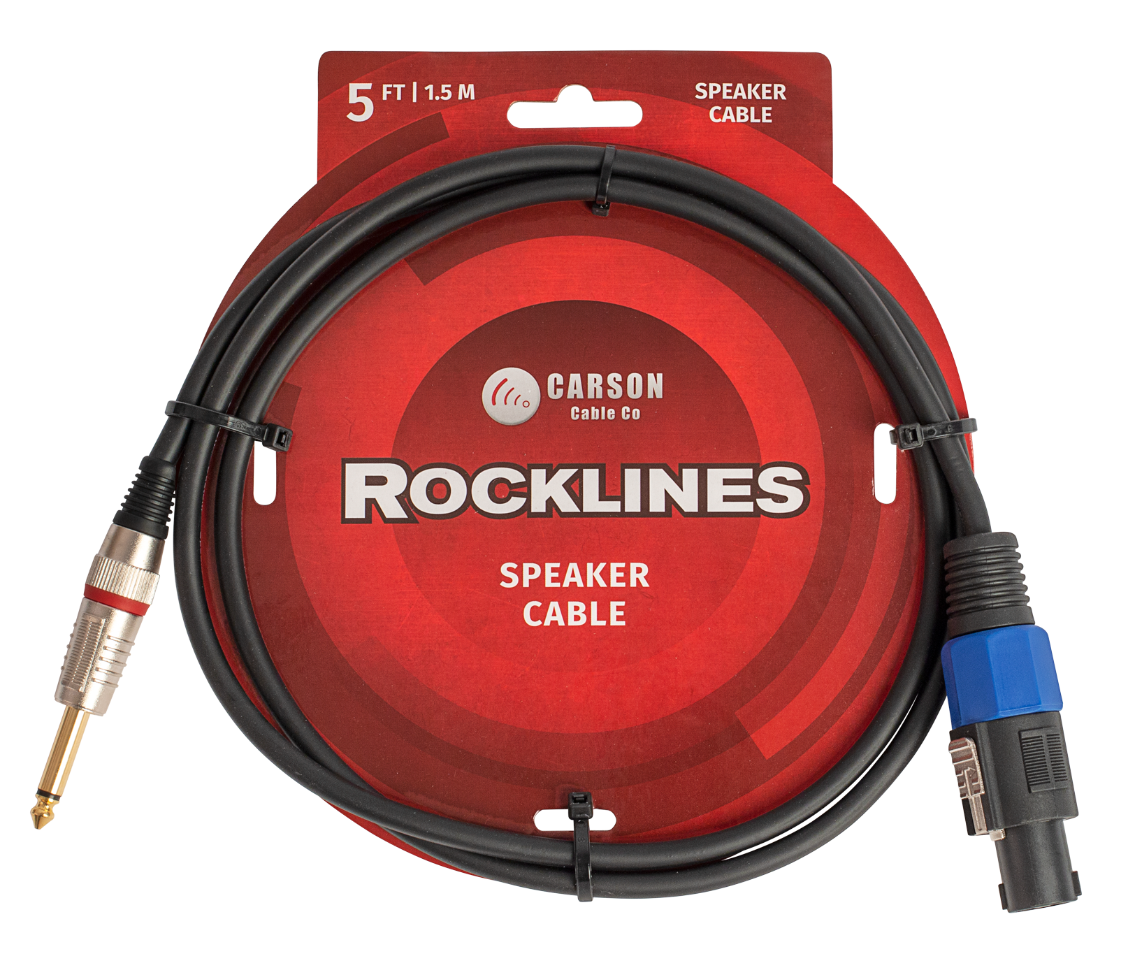 Carson RSN05J Rocklines Speakon to 1/4-inch Jack PA cable, 5 feet long, with black connectors and cable for audio equipment.