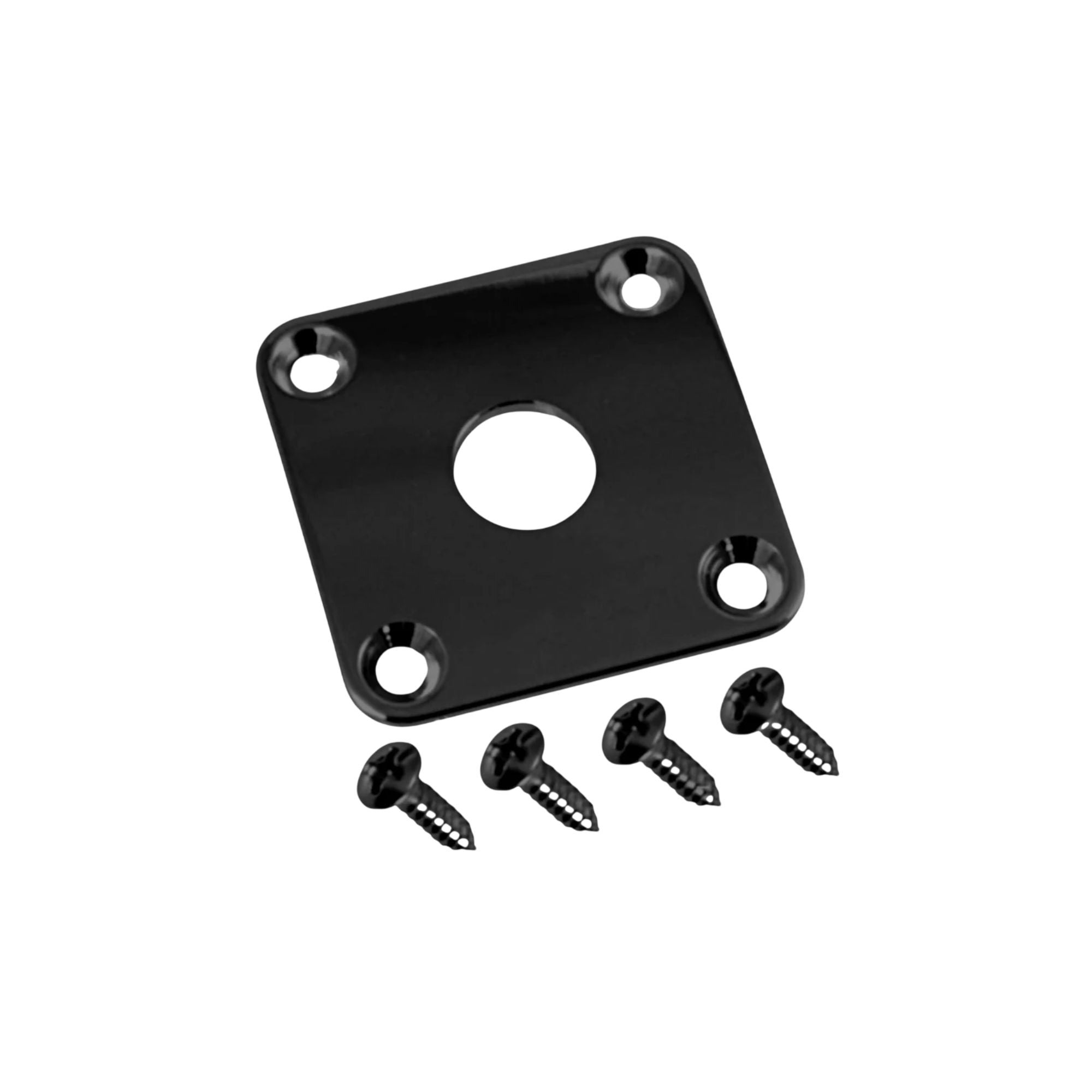 Black plastic Allparts square jack plate for guitar, with mounting holes, designed for durable instrument connections.
