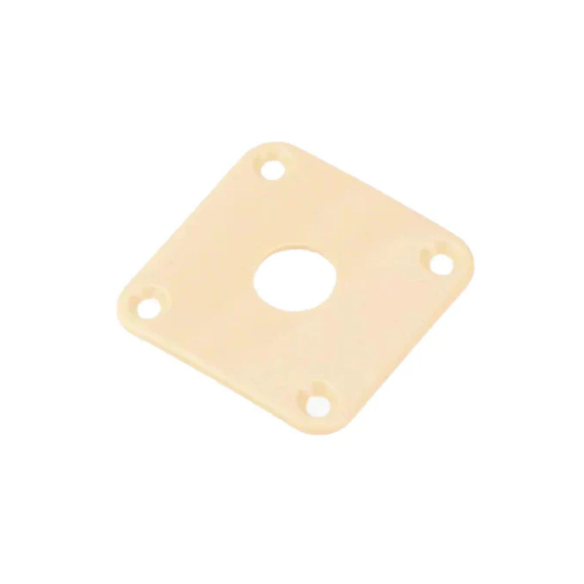 Cream plastic Allparts jack plate for Les Paul guitars, designed to protect and secure the input jack on electric guitar bodies.