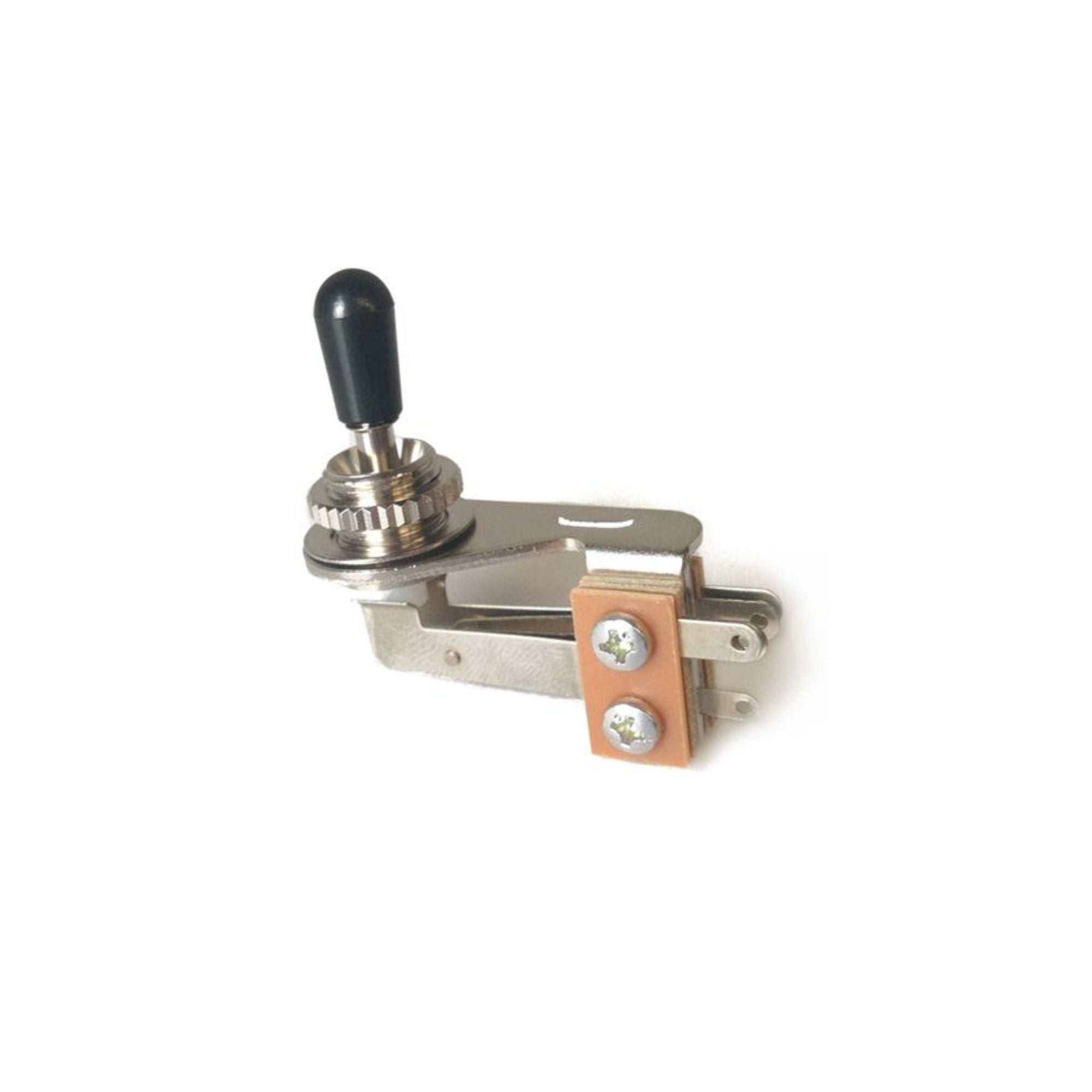 Allparts Realtone right angle toggle switch in chrome for guitar, showcasing its sleek metal finish and compact design.