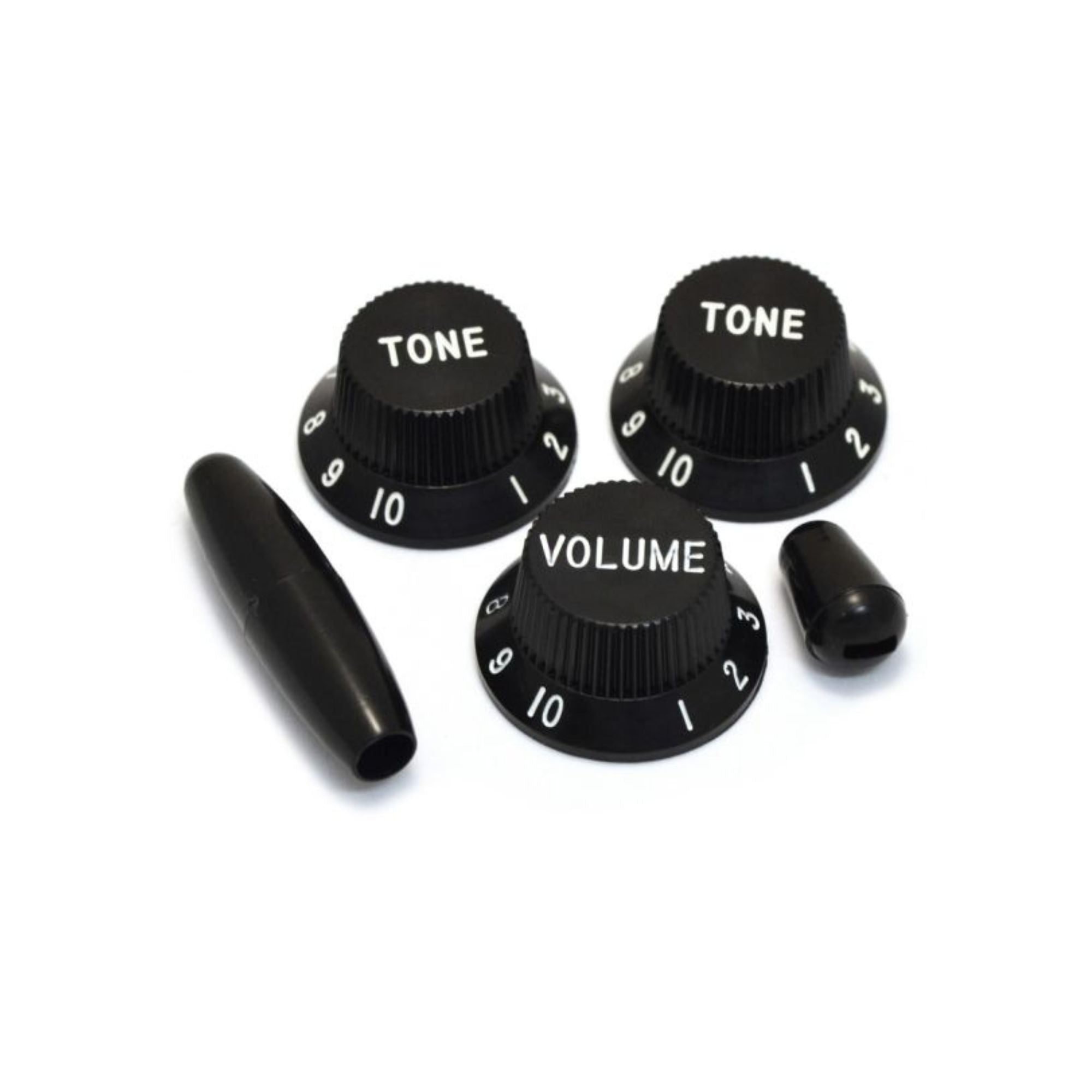 Realparts Strat Style Knobs (x3) w/Switch Tip & Trem Arm Tip - Black