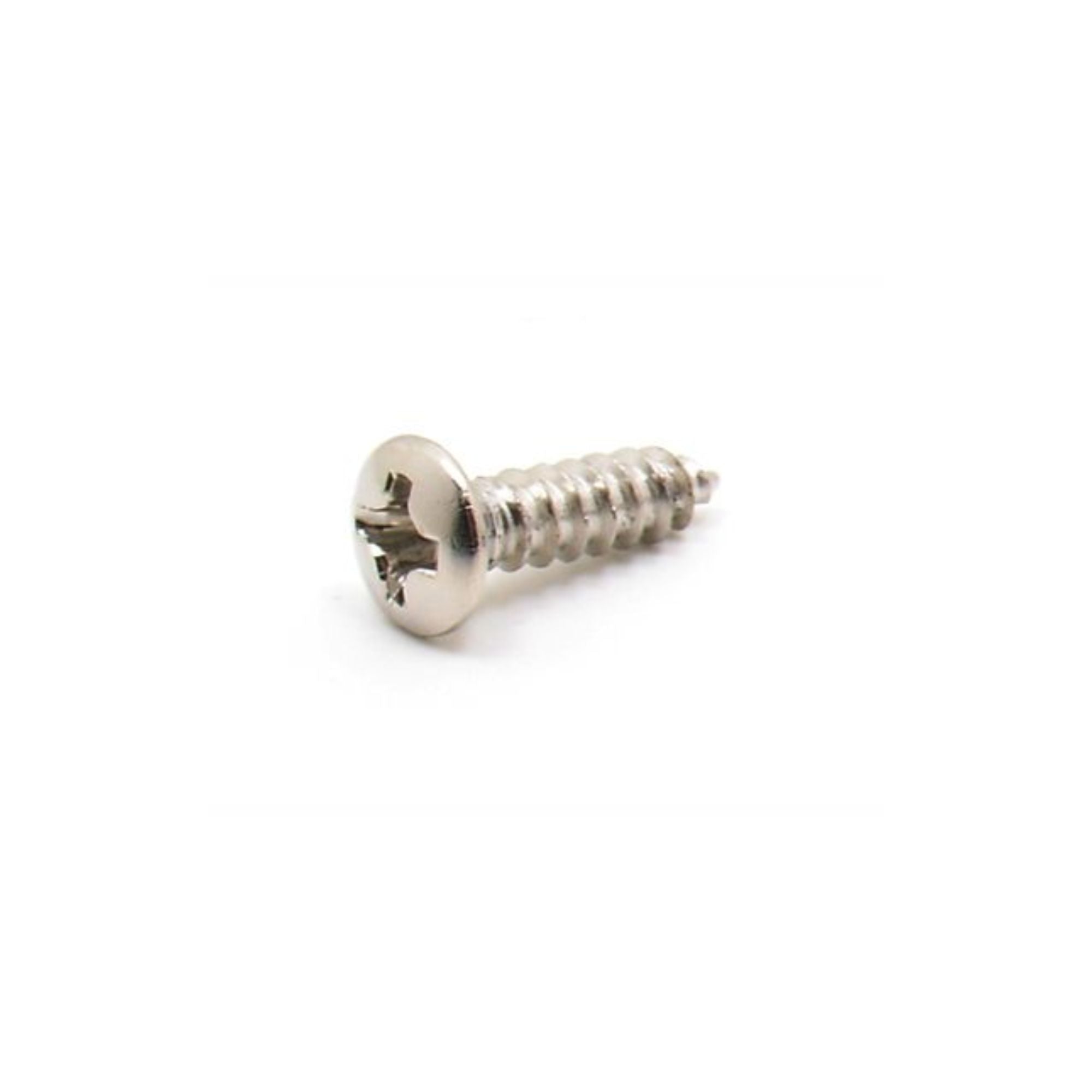Allparts Realtone Standard Pickguard Screw in nickel for guitar, showing a close-up of the shiny metal screw on a guitar part.