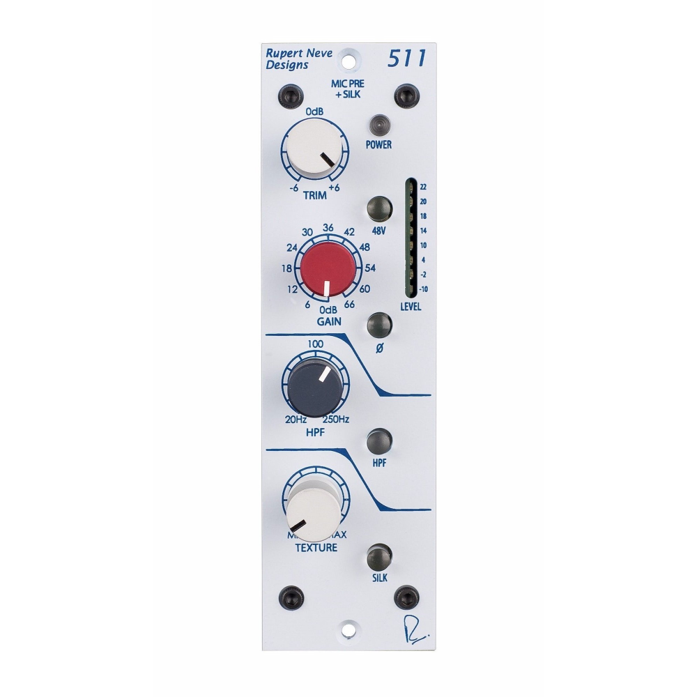 Rupert Neve Designs 511 preamp with silk feature, showcasing its sleek design and control knobs for audio processing.