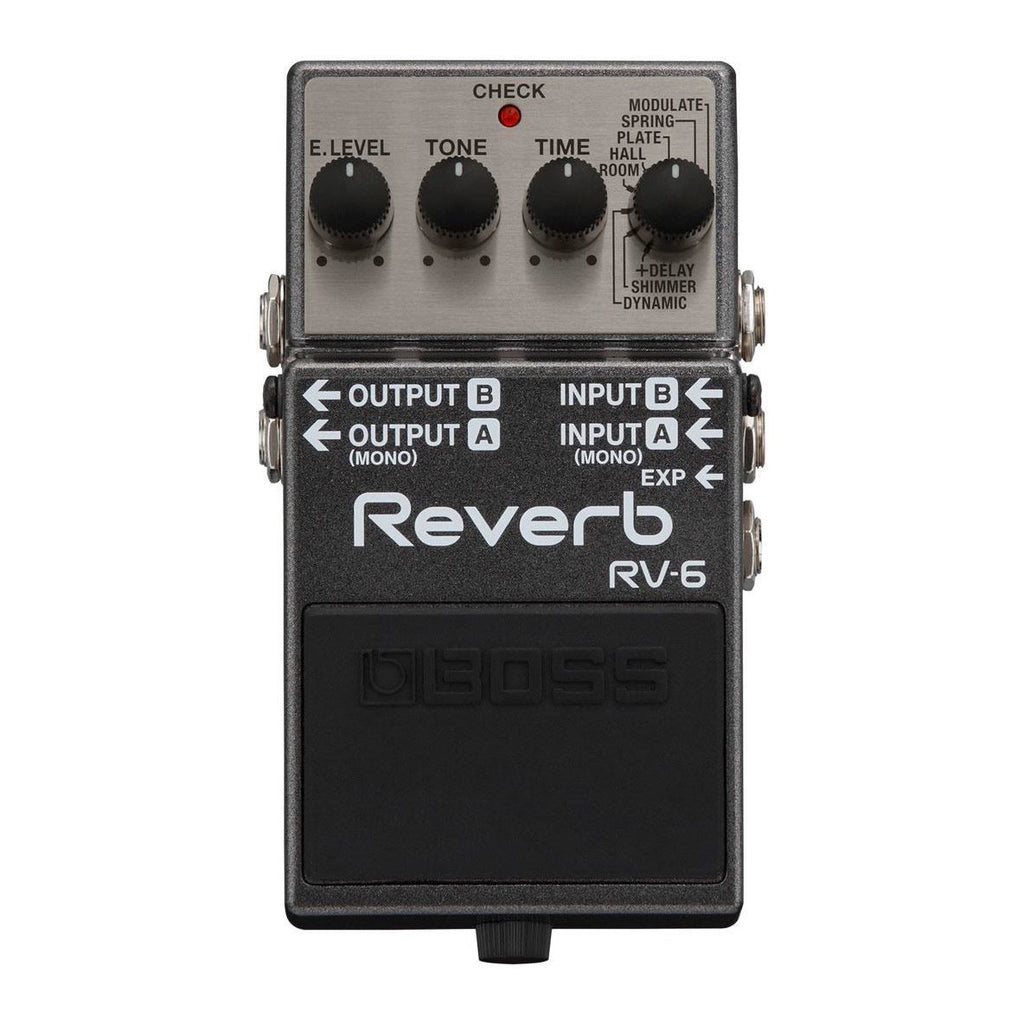 BOSS RV-6 Digital Reverb guitar effects pedal with control knobs and input/output jacks on a white background.