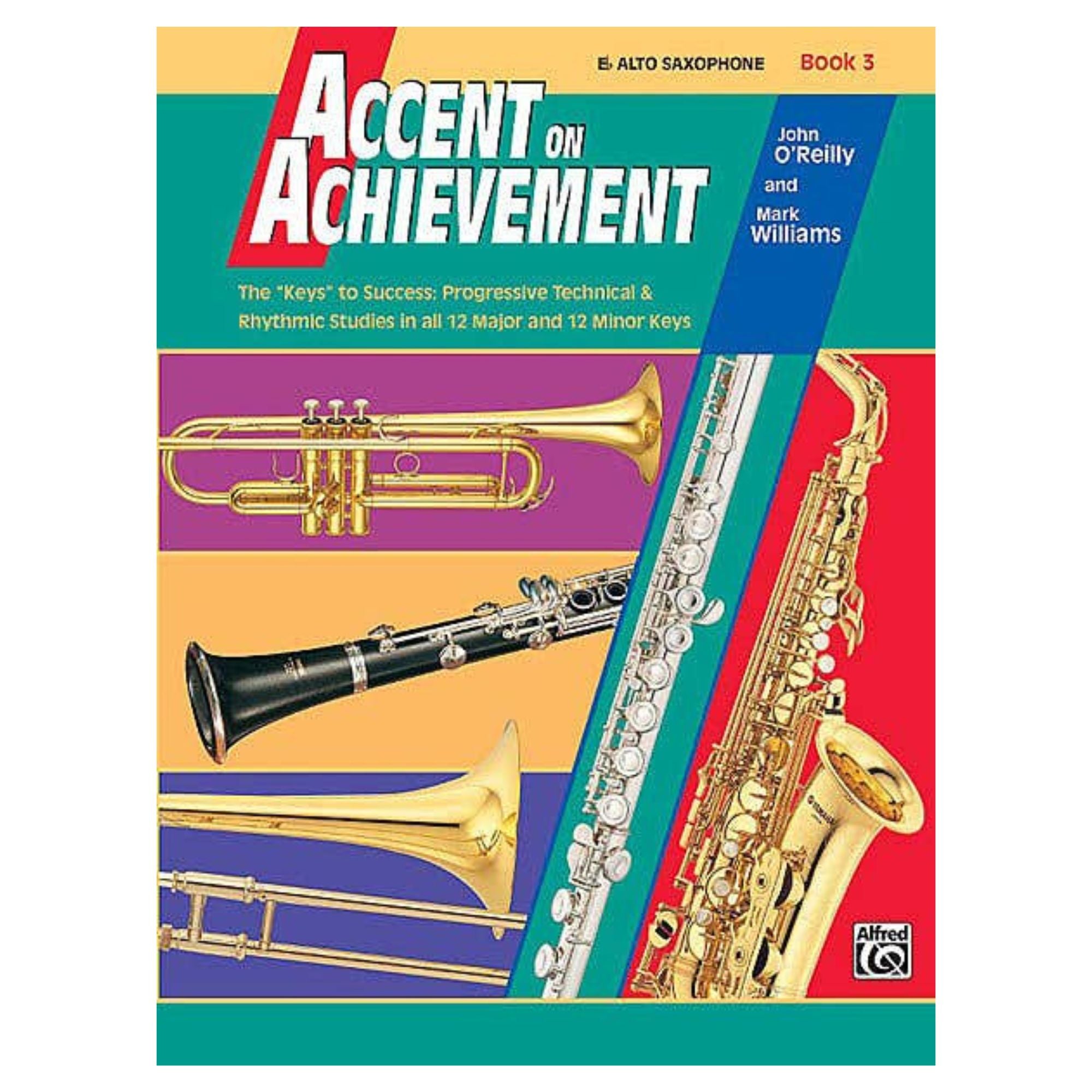 Alfred Music Publishing Accent on Achievement Book 3 for E-flat alto saxophone, a brass and woodwind accessory, open to pages.