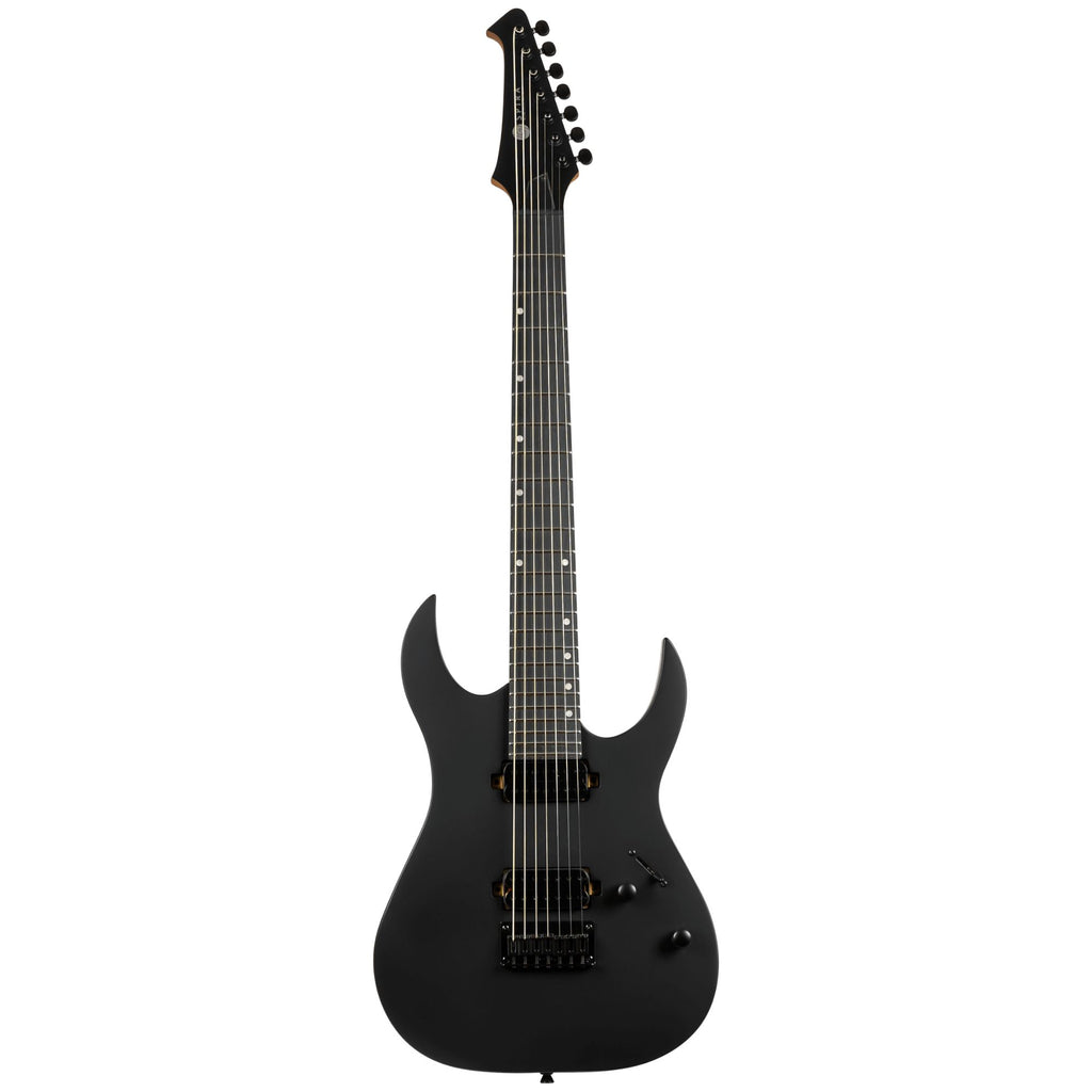 Spira S-407-MBK electric guitar in satin black with a sleek body and standard pickups, shown from a front angle.