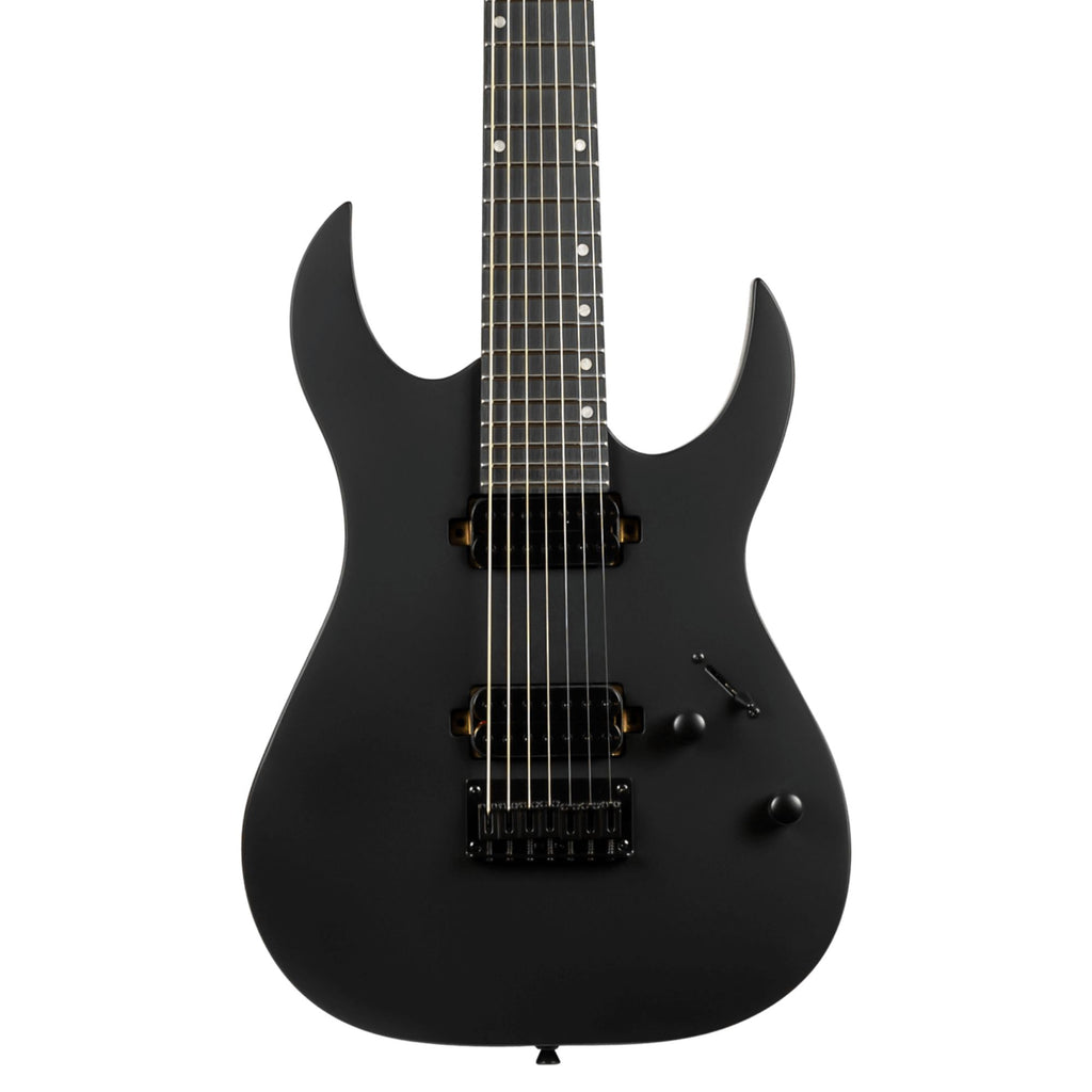 Spira S-407-MBK electric guitar with satin black finish, showcasing its sleek body and modern design.