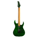 Spira S-450 TGR HH electric guitar with flame maple top and roasted maple neck in transparent green finish.