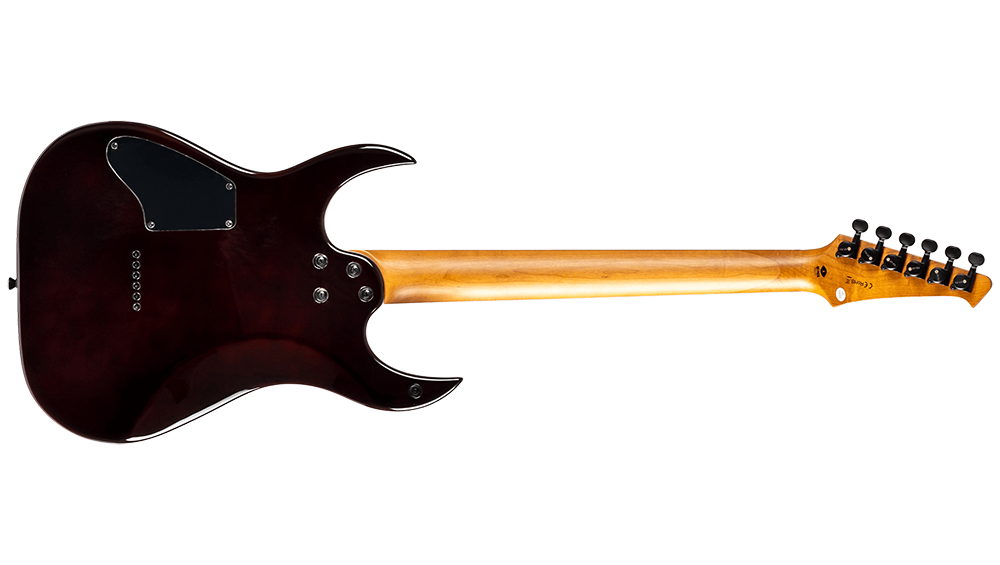 Spira S-450 TGR HH electric guitar with flame maple top, roasted maple neck, transparent green finish, and dual humbucker pickups.