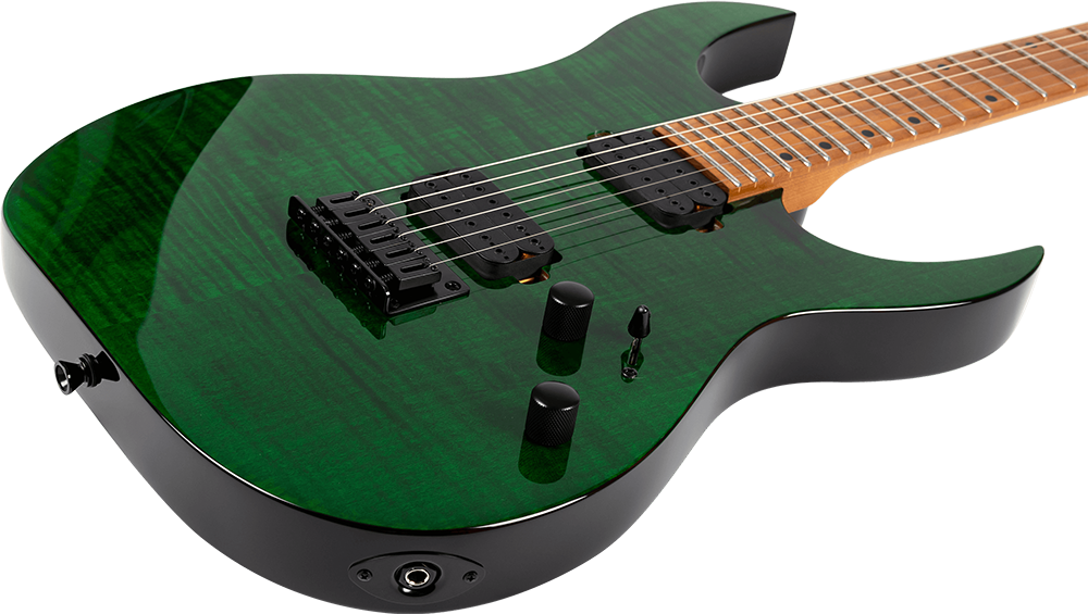 Spira S-450 TGR HH electric guitar with flame maple top and roasted maple neck in transparent green finish.