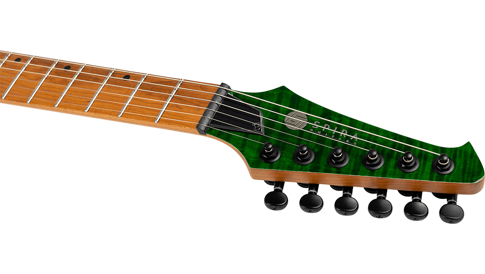 Spira S-450 TGR HH electric guitar with flame maple top, roasted maple neck, in transparent green finish.