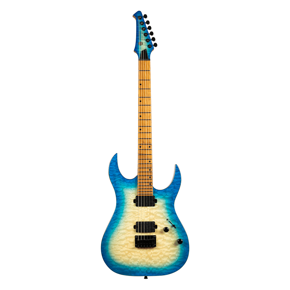 Spira S-500 QAB HH electric guitar in vibrant Trans Aqua Blue with dual pickups and sleek body shape.
