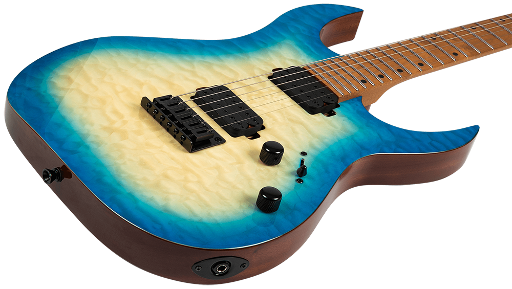 Spira S-500 QAB HH electric guitar in vibrant Trans Aqua Blue with dual pickups and a sleek design.