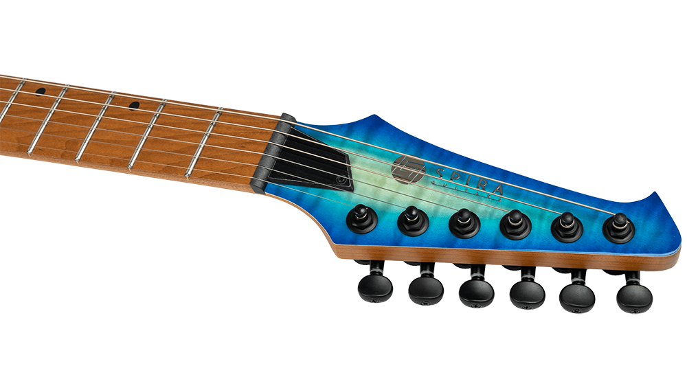 Spira S-500 QAB HH electric guitar in trans aqua blue with dual humbucker pickups and sleek body design.