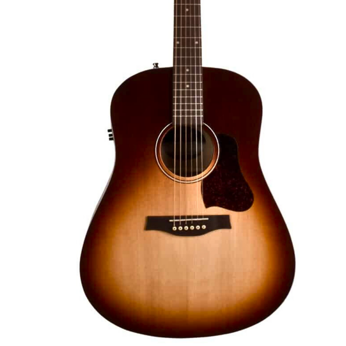 Seagull Entourage EQ acoustic guitar with autumn burst finish, showcasing its wood body, soundhole, and tuning pegs.