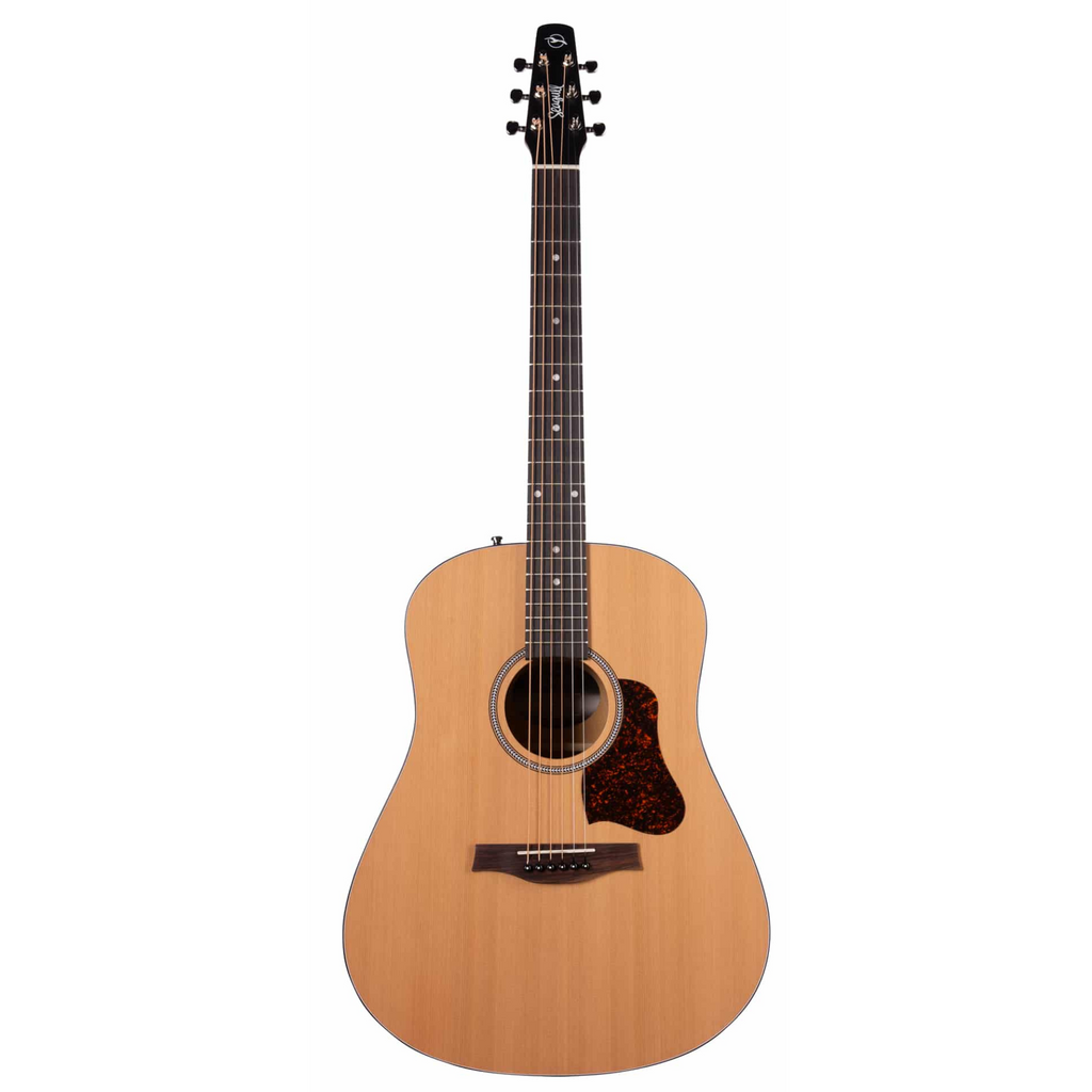 Seagull S6 Original acoustic guitar with pickup, showcasing the wood body, neck, and strings, ready for playing.