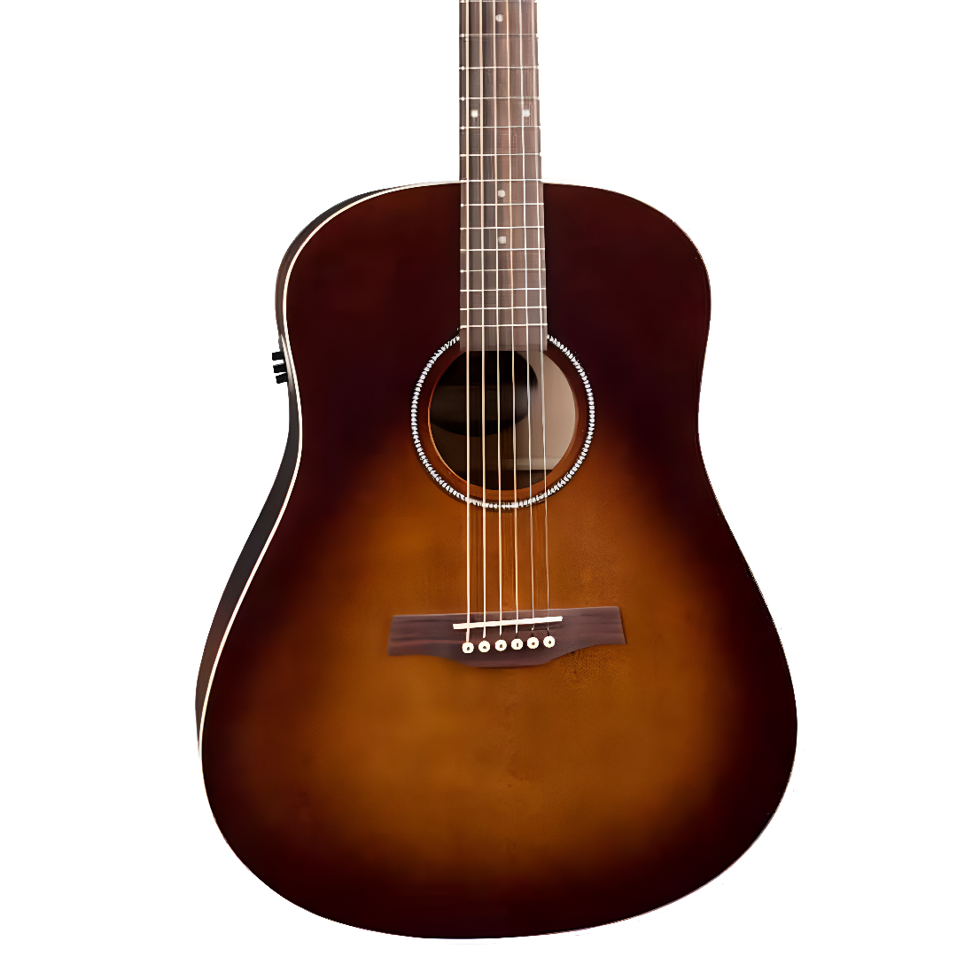 Seagull S6 Original QI acoustic guitar in burnt umber wood with a natural finish, showcasing the guitar's body and fretboard.