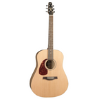 Left-handed Seagull S6 Original QI acoustic guitar showing the body and fretboard, with a natural wood finish and traditional design.